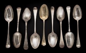 Nine Georgian silver Hanoverian pattern tablespoons, various makers and dates: some initialled,