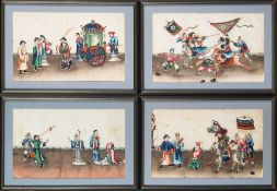 Four 19th century Chinese rice paper paintings: depicting processions and battle scene,