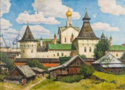 * Ivan Milevich Pantiukhin [b.1927]- The Kremlin at Rostov,:- signed, oil on canvas, 70 x 98cm.