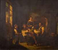 German School 19th Century- Family dining in a well furnished cottage interior,:- mother, father,