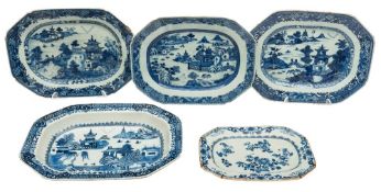 A group of five Chinese blue and white porcelain octagonal dishes: including a deep dish,