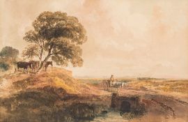 Peter De Wint [1784-1849]- A rural landscape with horse drawn cart crossing a bridge in the