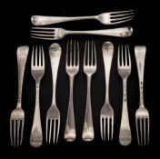 Ten assorted George III and later silver Old English pattern table forks,