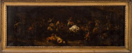 Attributed to Jan van Huchtenburgh [1647-1733]- A cavalry battle scene,:- oil on canvas 37.5 x 105.