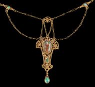 An arts and crafts enamelled gold pendant necklace: in the style of Phoebe Anne Traquir with