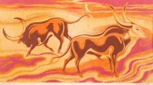 * Clifford Cyril Webb [1895-1972]- Ankole Cattle:- linocut in colours signed,