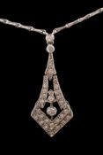An art deco style, 18ct white gold and diamond mounted pendant: millegrain-set with graduated round,