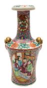 A Canton famille rose vase: possibly for the Straits market, with slender neck and folded rim,