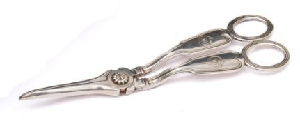 A pair of Victorian silver fiddle pattern grape shears, maker Charles Rawlings & William Summers,