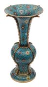 A large Chinese cloisonne enamel yen yen vase: the baluster body and trumpet neck with four raised