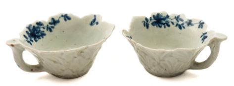 Two First Period Worcester blue and white leaf-moulded butterboats: each painted in the Butterboat