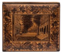 A 19th Century Tunbridgeware folio holder: the front board with central scene of The Pantiles,