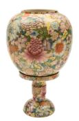 A Chinese famille rose millefleur porcelain lamp and stand: brightly enamelled overall with