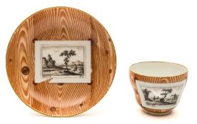 A Vienna 'faux-bois' cup and saucer: the cup of double ogee form with entwined twig handle,