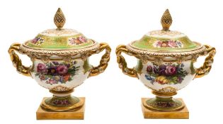 A pair of English porcelain 'Warwick' vases and covers: probably Coalport, with pinecone finials,