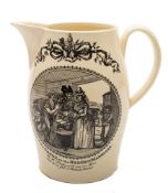A late 18th century creamware 'Red-Hot Marriage' jug: printed in black with on one side an interior