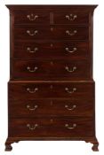 A George III mahogany chest on chest:, the upper part with a moulded cornice,