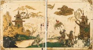 A pair of late 18th century chinoiserie decorated panels: depicting polychrome decorated figures in