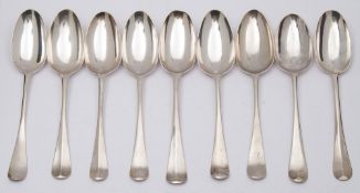 Nine Georgian silver Hanoverian pattern tablespoons, various makers and dates: some initialled,