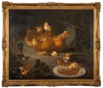 Manner of Jean Baptiste Oudry, late 18th Century- Hen and Chicks outside a coop,