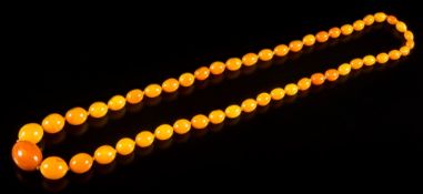 A graduated amber bead single-string necklace: comprising 51 individually knotted,