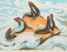 * Clifford Cyril Webb [1895-1972]- Sea-Lions- linocut in colours signed,