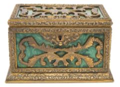 A Continental brass and simulated malachite jewellery casket: of rectangular outline,