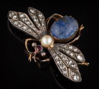A diamond and gem-set bee brooch: with outstretched wings pave-set with rose-cut diamonds,