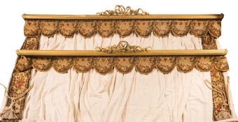 A pair of carved giltwood and needlework pelmets with matching curtains:,