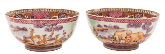 A pair of Chinese famille rose waste bowls: each painted in the mandarin palette with water buffalo