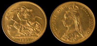 A Victorian gold two pound coin dated '1887':.