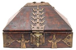 A 19th Century Near Eastern hardwood and brass mounted spice box: of rectangular outline,