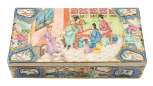 A Canton famille rose two-division box and cover: painted with court,