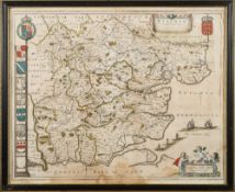 BLAEU, Jan - Essex : hand coloured map, some damp staining, 520 x 415 mm, framed & glazed, c1645.