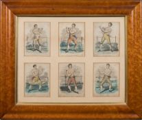 BOXERS : Pugilists - A set of six hand coloured prints of boxers in attractive birds eye maple