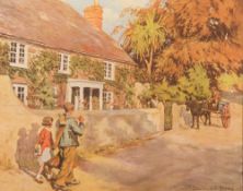 After Stanhope Alexander Forbes- Figures in a lane outside a cottage,