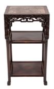 A Chinese Hua Li wood rectangular three tier jardiniere stand:,