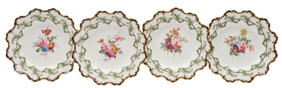 Four Royal Crown Derby porcelain plates: of flower head form the centres enamelled with rose