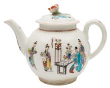 A First Period Worcester porcelain teapot and cover: of cannon ball form the domed cover with