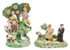 Two late Staffordshire pottery bocage groups: comprising a musical group 'Rustic soiree' and a