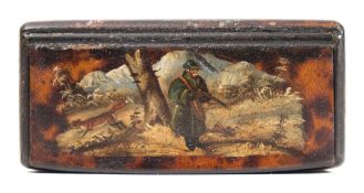 A 19th century papier mache snuff box: of rectangular outline, with faux tortoiseshell sides,