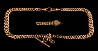 A 9ct gold graduated curb-link watch chain: with bar and two swivels attached, approximately 63gms,