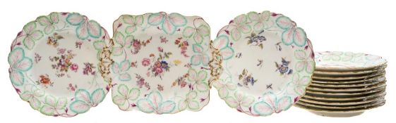 A porcelain dessert service in the Longton Hall manner: the borders moulded with strawberry leaves