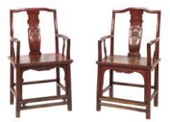 A pair of Chinese red lacquer armchairs:,