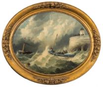 Attributed to John Callow [1822-1878]- Staithes lifeboat in heavy seas being towed-out by a