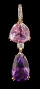 A modern kunzite, amethyst and diamond pendant: with tear-drop amethyst approximately 23mm long,