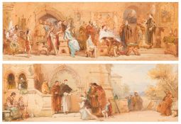 Charles Cattermole [1832-1900]- Visitors being received by a senior cleric outside an Abbey;