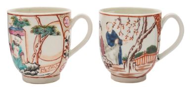 Two First Period Worcester coffee cups: each painted in famille rose Mandarin style with figures on