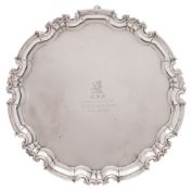 An Edward VII silver circular salver, maker William Hutton & Sons Ltd, London, 1906: inscribed,