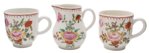 A Bow polychrome sparrow-beak cream jug and a pair of matching coffee cups: each painted with a